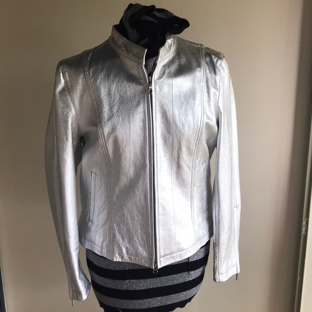 Silver leather double zip jacket
